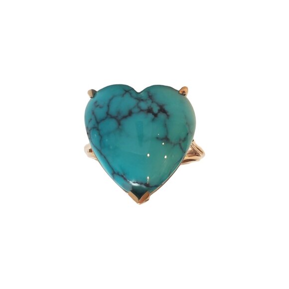 14K Yellow Gold Man-Made Turquoise Heart Ring Size 6 #17572